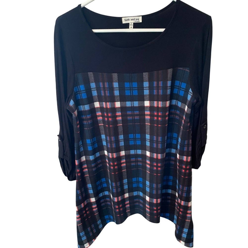 Faith and Joy‎ Los Angeles Plaid Roll Tab Sleeve Tunic Top M